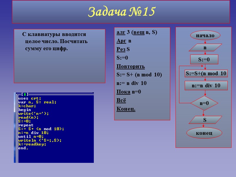 Задача №15 алг 3 (вещ n, S) Арг n Рез S S:=0 Повторить S:=